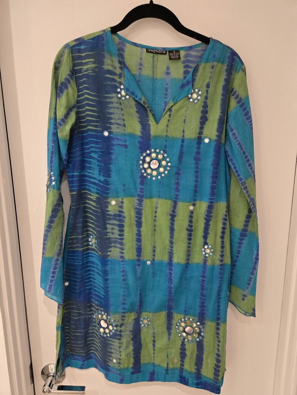 Magazine Blue Green Tie Dye Embellished V-Neck Tunic Dress